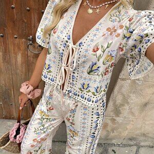 Apricot Boho Women's Casual Vacation Printed Short Sleeve Top & Wide Leg Pants